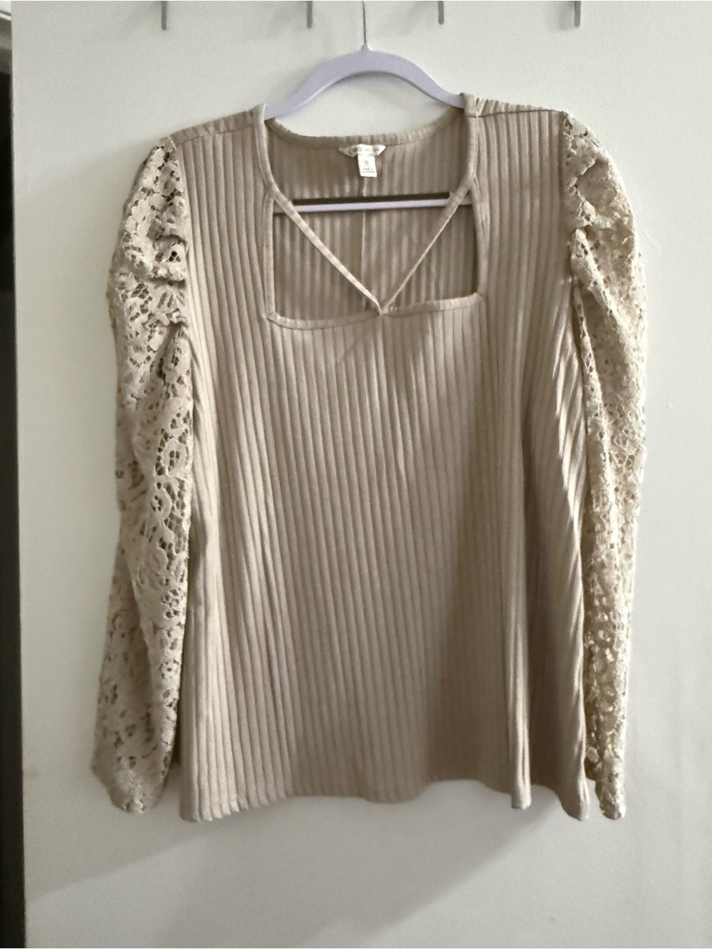 Cato Beige Ribbed Long Sleeve Top with Lace Sleeves